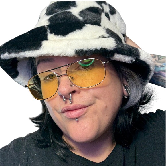 Cow Print Faux Fur Bucket Hat Black White Fuzzy Adjustable Winter Sun Hat - Picture 2 of 4